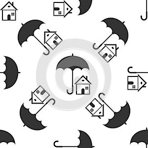 House with umbrella icon seamless pattern on white background. Real estate insurance symbol. Real estate symbol