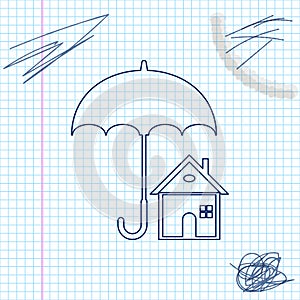 House with umbrella line sketch icon isolated on white background. Real estate insurance symbol. Real estate symbol