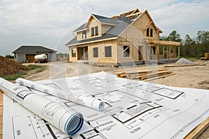 House under construction on blueprints