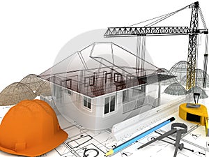 house under construction with a crane and other building fixtures on top of blue print,3d
