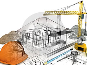 House under construction  with a crane and other building fixtures on top of blue print,3d