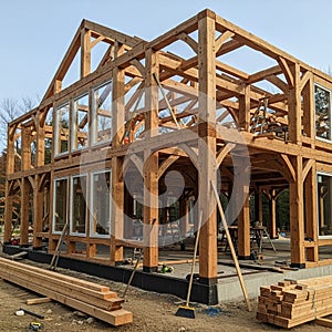 House under construction features a timber frame structure with