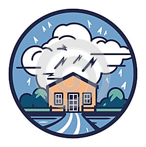 House under stormy clouds with lightning and rain. Circle emblem with a cozy home during a thunderstorm. Bad weather and