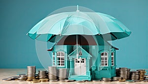 House under umbrella - house insurance concept, 3d illustration