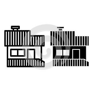 House with a veranda line and glyph icon. Hip roof house with porch vector illustration isolated on white. Cottage