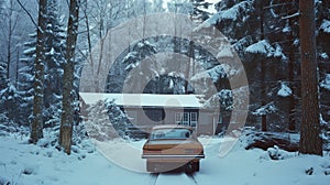 A house, and vintage car are covered with white snow in scandinavia