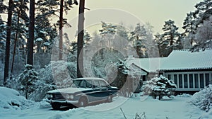 A house, and vintage car are covered with white snow in scandinavia