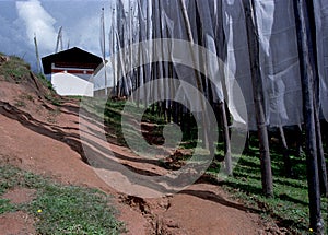 house w/white prayer flags