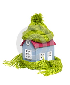 House in a Warm Knitted Green Cap and a Scarf