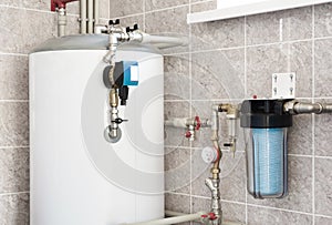 House water heating boiler with pump, ball valves and filters