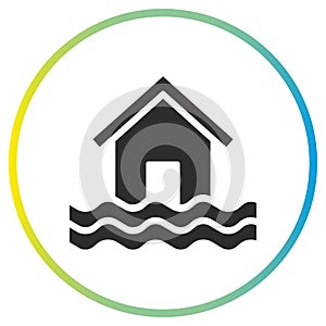 house in water waves icon, flood buildings, flooding rising levels, flat symbol