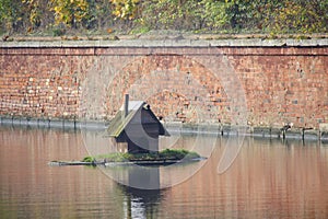 House for waterfowl floats middle lake.