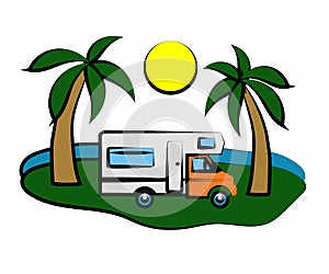 House on wheels. Mobile and palm trees. Wan life. Cartoon. Vector