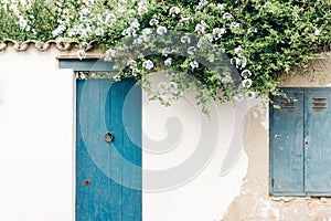 House white facade wall with flowers. Creative bright minimal, styled concept for bloggers