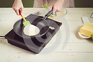 House wife wearing apron making. Steps of making cooking apple c