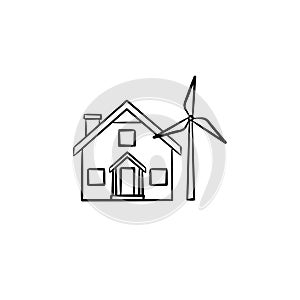 House with wind generator hand drawn icon.