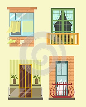 House windows and balcony different stlyes exterior decor vector flat icons photo