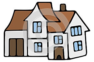 House with windows, doors and garage. Vector illustration. Isolated white background. Stay safe. Modern mansion. Cottage. Cozy.