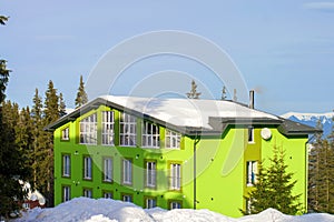 house in winter against the background of fir trees