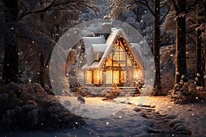 House among the winter forest on New Year\'s Day. Fairytale house in a snowy forest for Christmas.