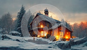 House in the winter scenery. Winter village in snow.