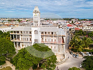 The House of Wonders. Stone Town, old colonial center of Zanzibar City, Unguja island, Tanzania. Aerial photo.
