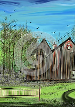House in the wood. Forest house. Wooden house. Wallpaper. House illustration