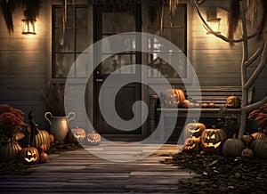 house wooden decoration pumpkin holiday leaf halloween fall porch door. Generative AI.