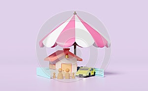 House with wooden doll figures family, umbrella, car  isolated on purple background. happy family, protection, mortgage loans