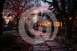 a house in the woods at dusk with lights strung across the walkway