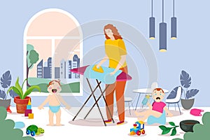 House work people at home, vector illustration. Unhappy tired mother stroking clothes. Little children cry. Baby boy