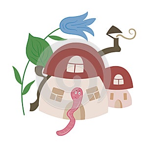 House for the worm. Wild boletus mushroom, bell flower, cute pink worm