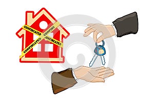 House with yellow warning tapes and hands giving keys isolated on white background.