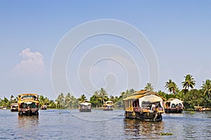 Houseboats on the backwaters of Kerala in Alappuzha Alleppey in India. A traditional tourist attraction is the house-boat on the