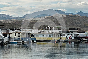 Houseboats docked at Lake Mohave and Spirit Mountain