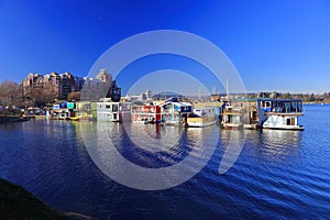 Houseboats at Fisherman`s Wharf at the Inner Harbour, Victoria, Vancouver Island, British Columbia, Canada