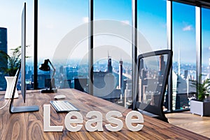 Housebuilding; office chair in front of modern workspace with computer and skyline view; lease concept; 3D Illustration