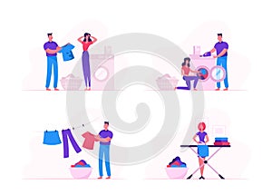 Household Activity Concept with Male and Female Characters Loading Dirty Clothes to Washing Machine, Ironing and Drying Linen