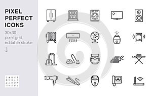 Household appliance line icon set. Washing machine, humidifier robot vacuum cleaner, curling iron minimal vector