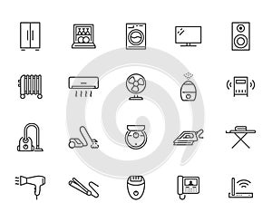 Household appliance line icon set. Washing machine, humidifier robot vacuum cleaner, curling iron minimal vector