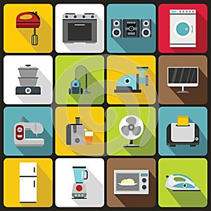 Household appliances icons set, flat style