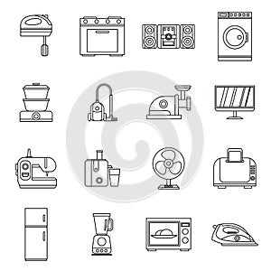 Household appliances icons set, outline style