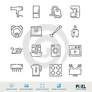 Household, appliances related vector line icon set isolated on white