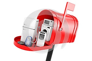 Household Appliances Set in Red Mailbox. 3d Rendering