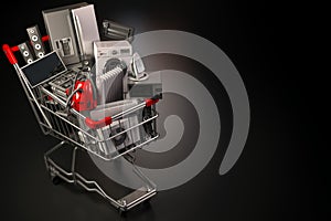 Household appliances in the shopping cart on black background. E-commerce or online shopping concept. 3d