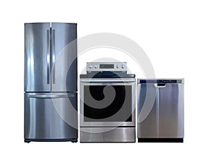 Household appliances on a white background. Home appliances. Electric cooker stove, refrigerator and washing machine.