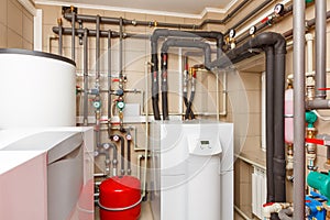 Household boiler house with heat pump, barrel; Valves; Sensors a