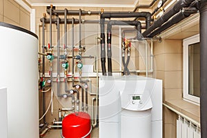 Household boiler house with heat pump, barrel; Valves; Sensors a