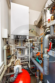 Household boiler room with gas boiler, barrel; Valves; Sensors a