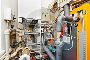 Household boiler room with gas boiler, barrel; Valves; Sensors a